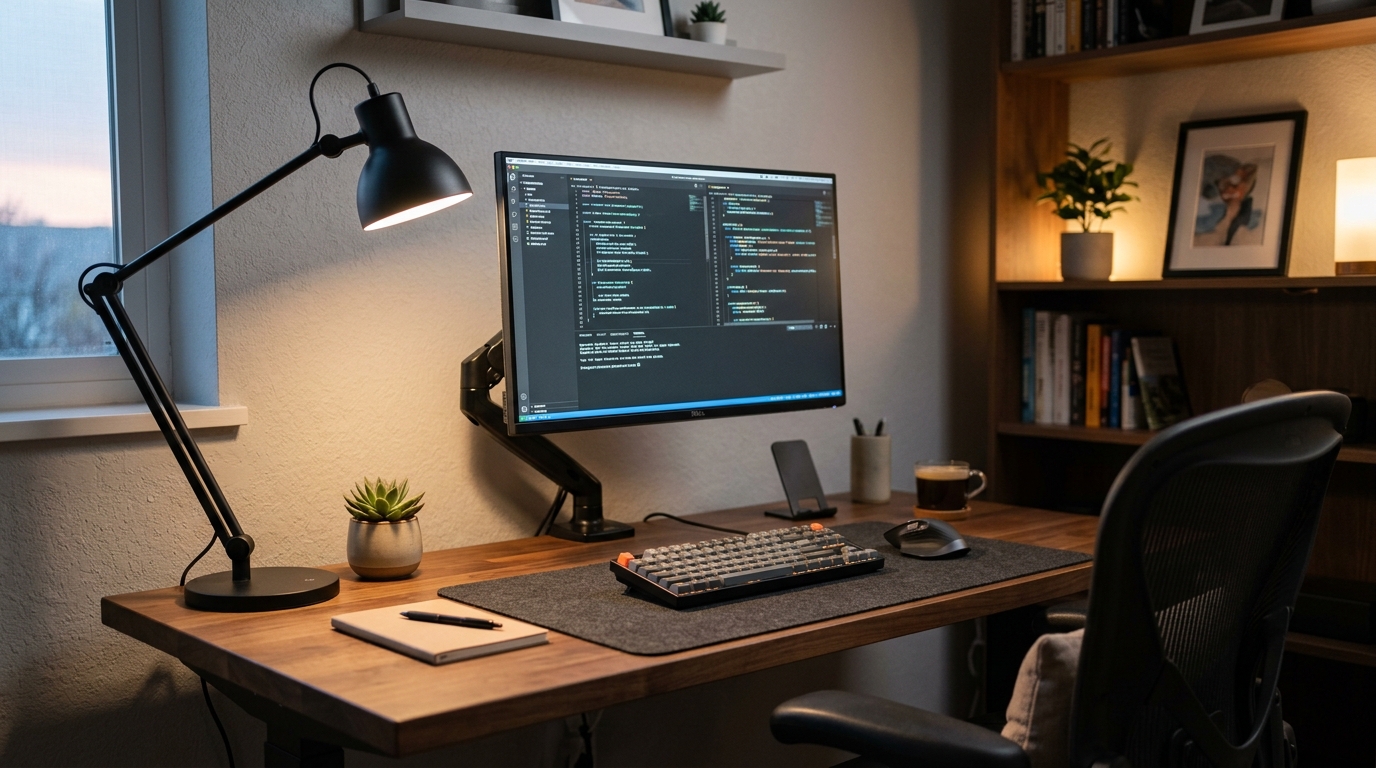 optimized desk setup with proper lighting screen position