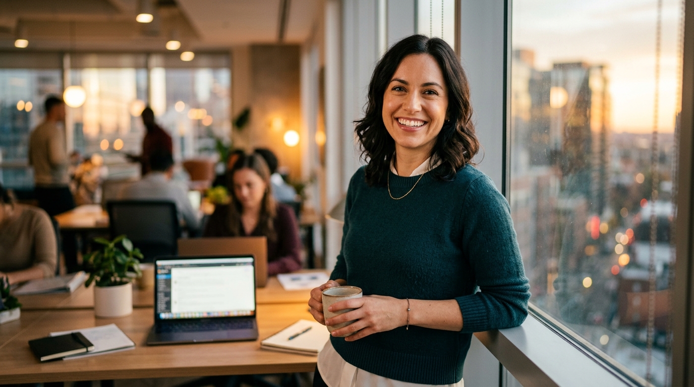 woman looking energized end of workday mental clarity