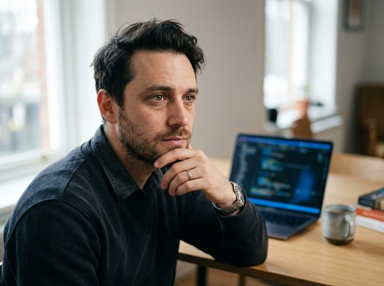 man with tired eyes at computer workspace