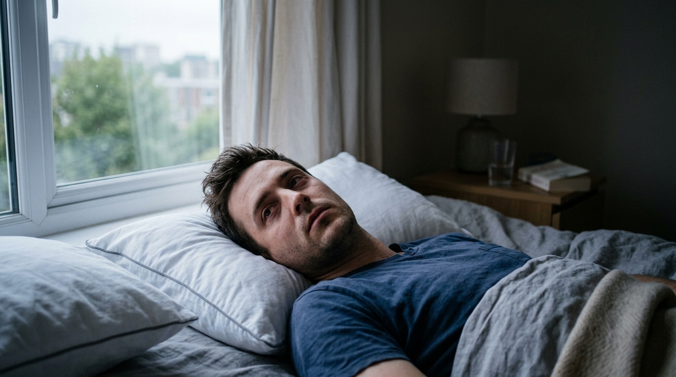 tired man lying awake in morning light