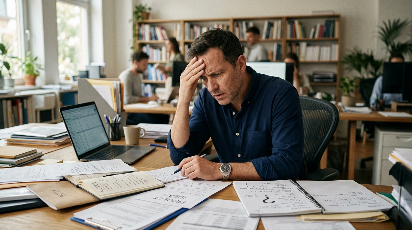 man struggling to remember at cluttered desk
