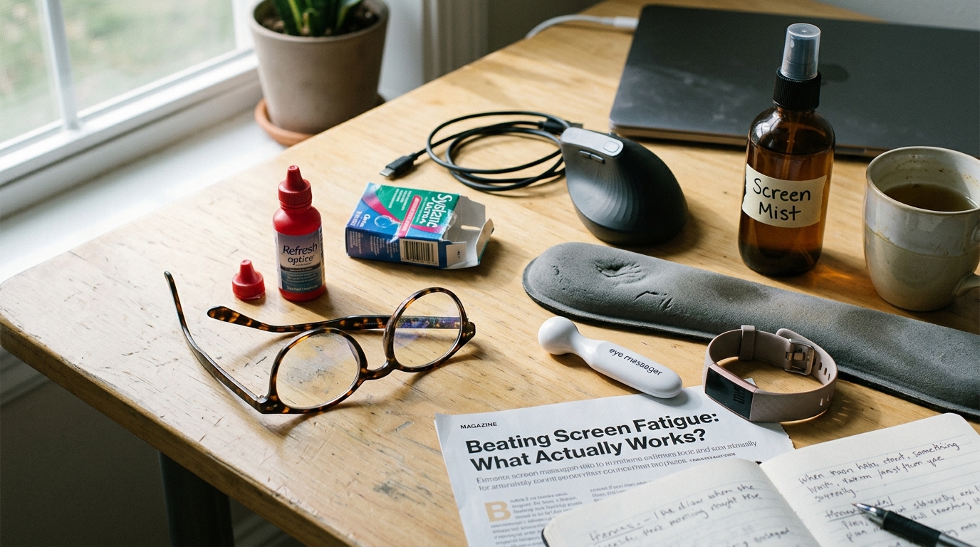 blue light glasses and wellness accessories on desk