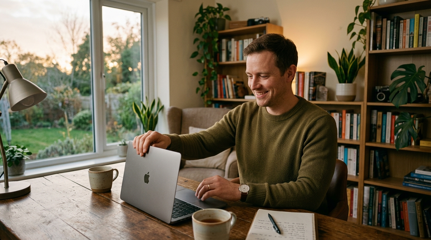 man closing laptop with satisfaction in evening light
