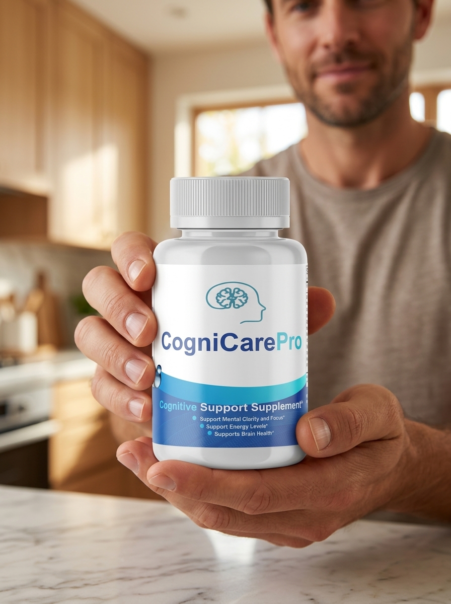 CogniCare Pro brain supplement bottle held confidently