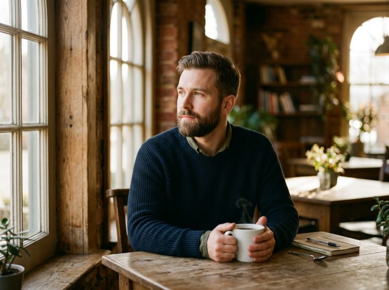 man sitting peacefully with coffee morning light