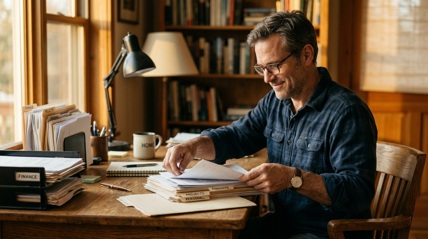 man finding satisfaction in organizing simple tasks