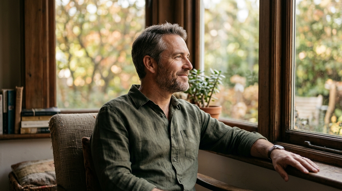 man with peaceful contentment looking through window