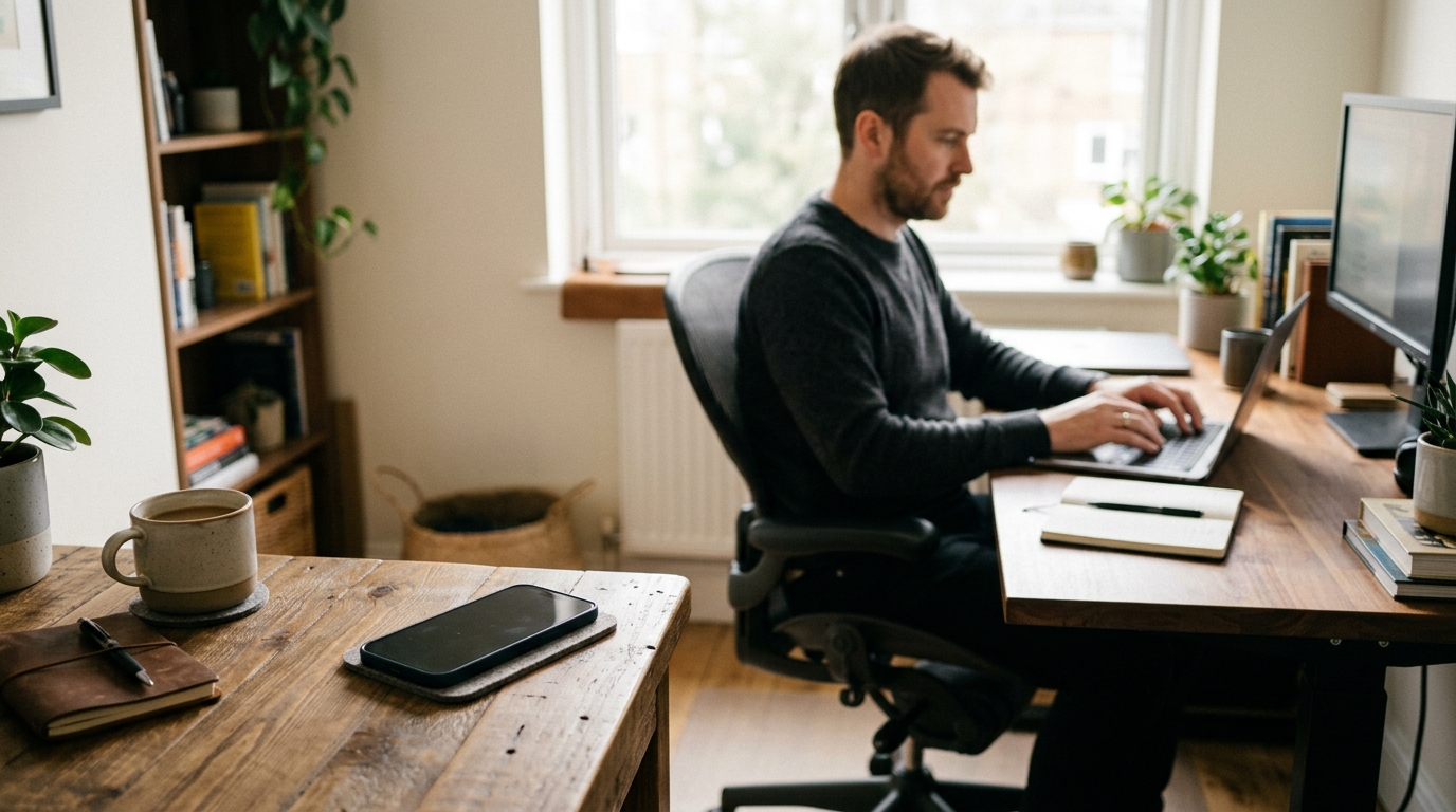 phone deliberately placed away from focused work area