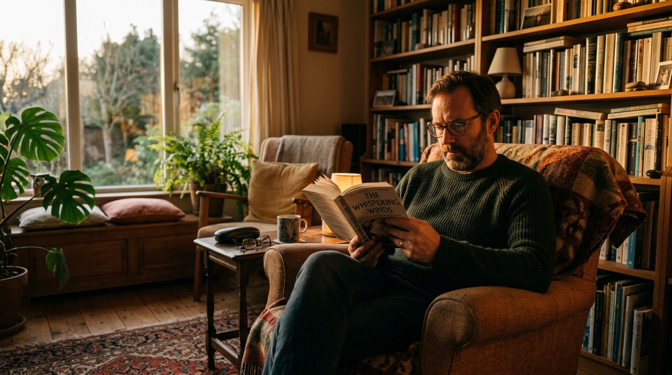 man deeply absorbed reading physical book evening light
