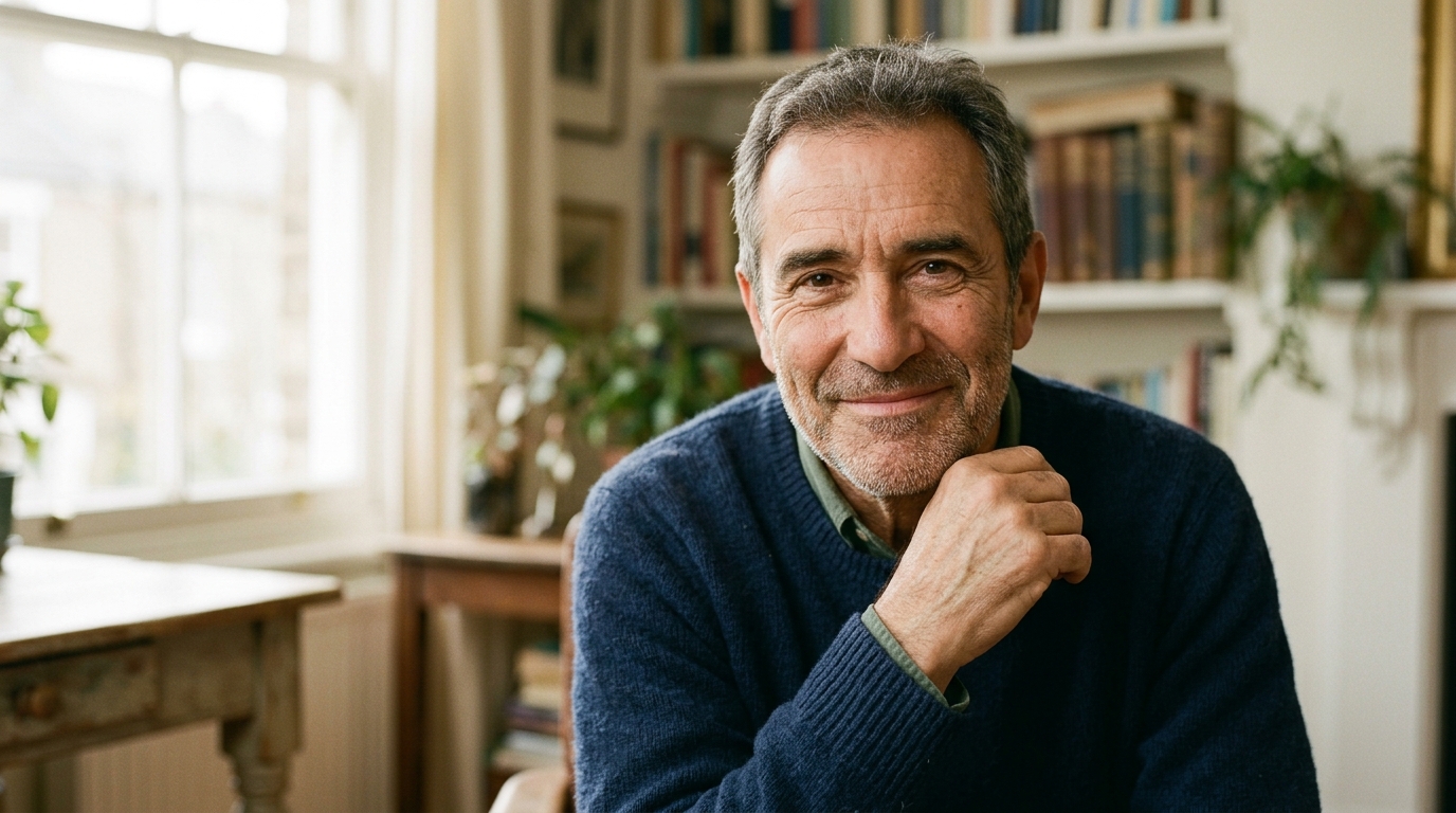 encouraging man with supportive wise expression direct gaze