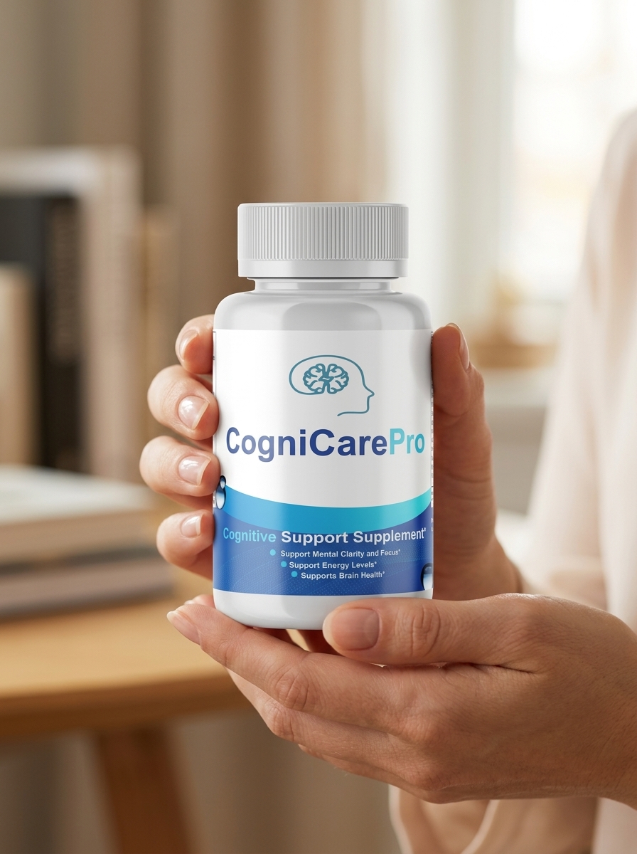 CogniCare Pro brain supplement bottle held gently