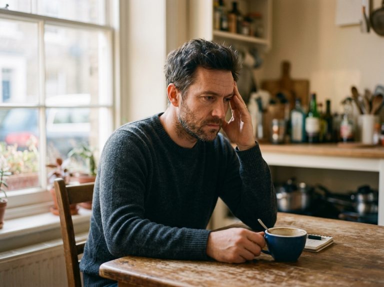 man contemplating memory challenges at kitchen table