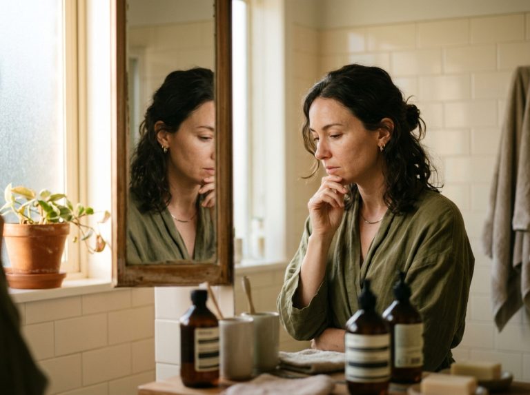 woman contemplating reflection in morning bathroom mirror