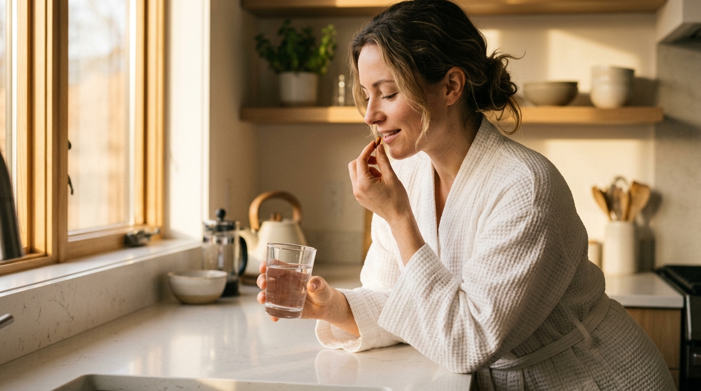 woman taking daily supplement in peaceful morning routine
