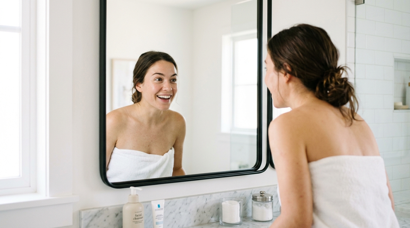 woman discovering natural skin clarity in simplified routine