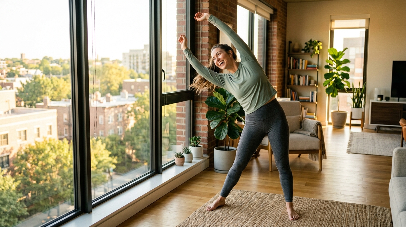 energetic woman stretching in bright morning sunlight