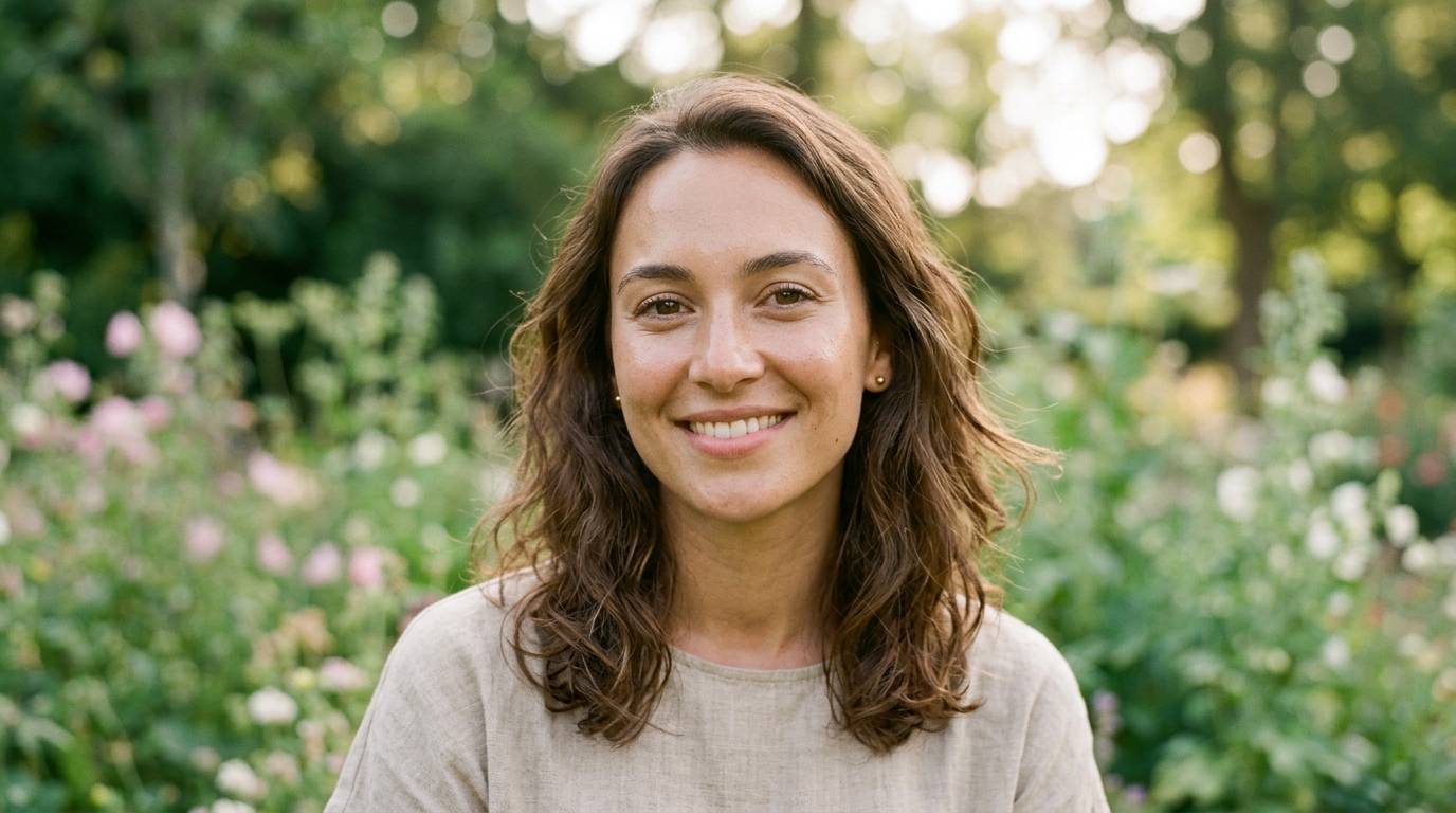 confident woman with naturally radiant skin in sunlight