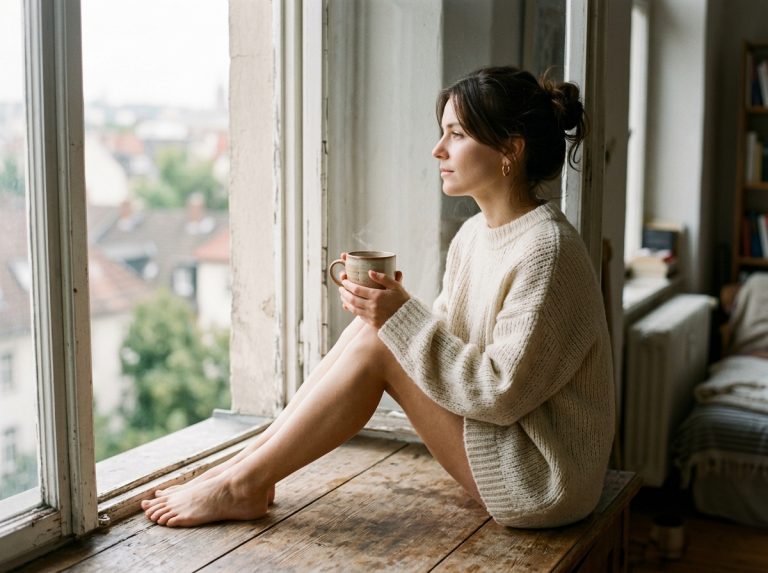woman sitting peacefully by window with morning light