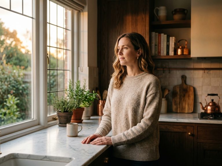 Woman finding peace in evening kitchen moment