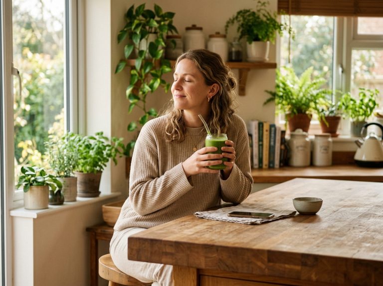 woman enjoying morning smoothie peaceful clarity