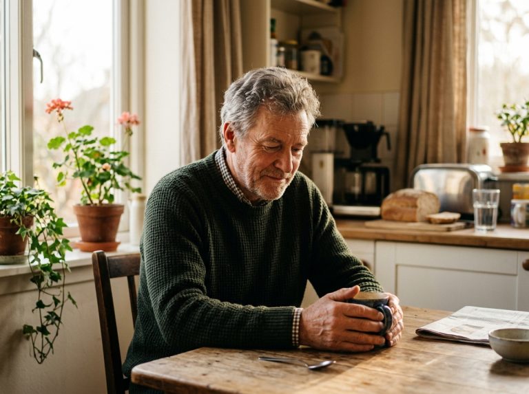 mature man contemplating with morning coffee