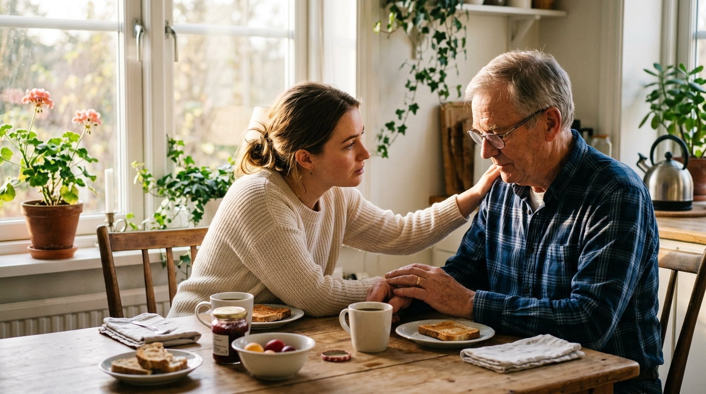 daughter showing concern for father's wellbeing