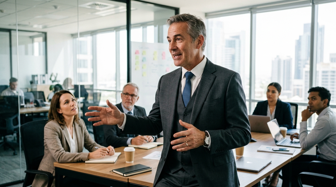 confident man leading clear business discussion