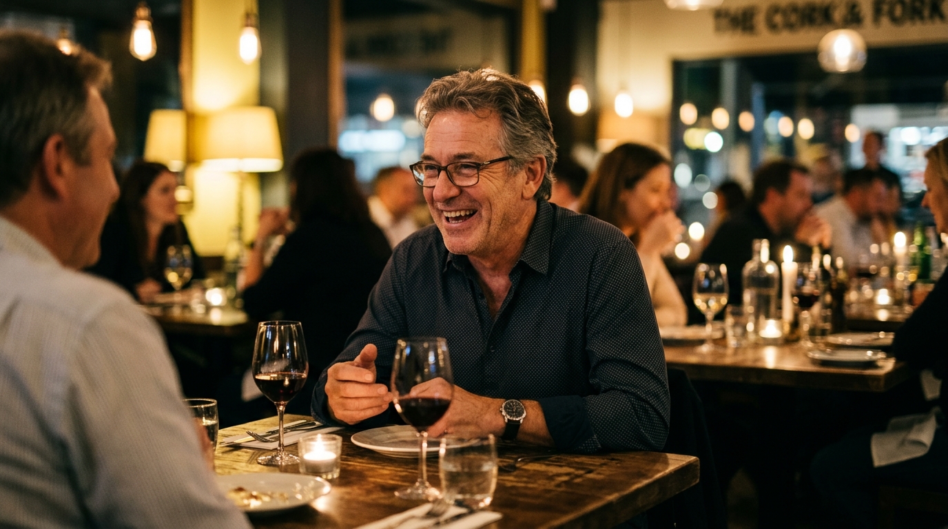 man enjoying social conversation in restaurant