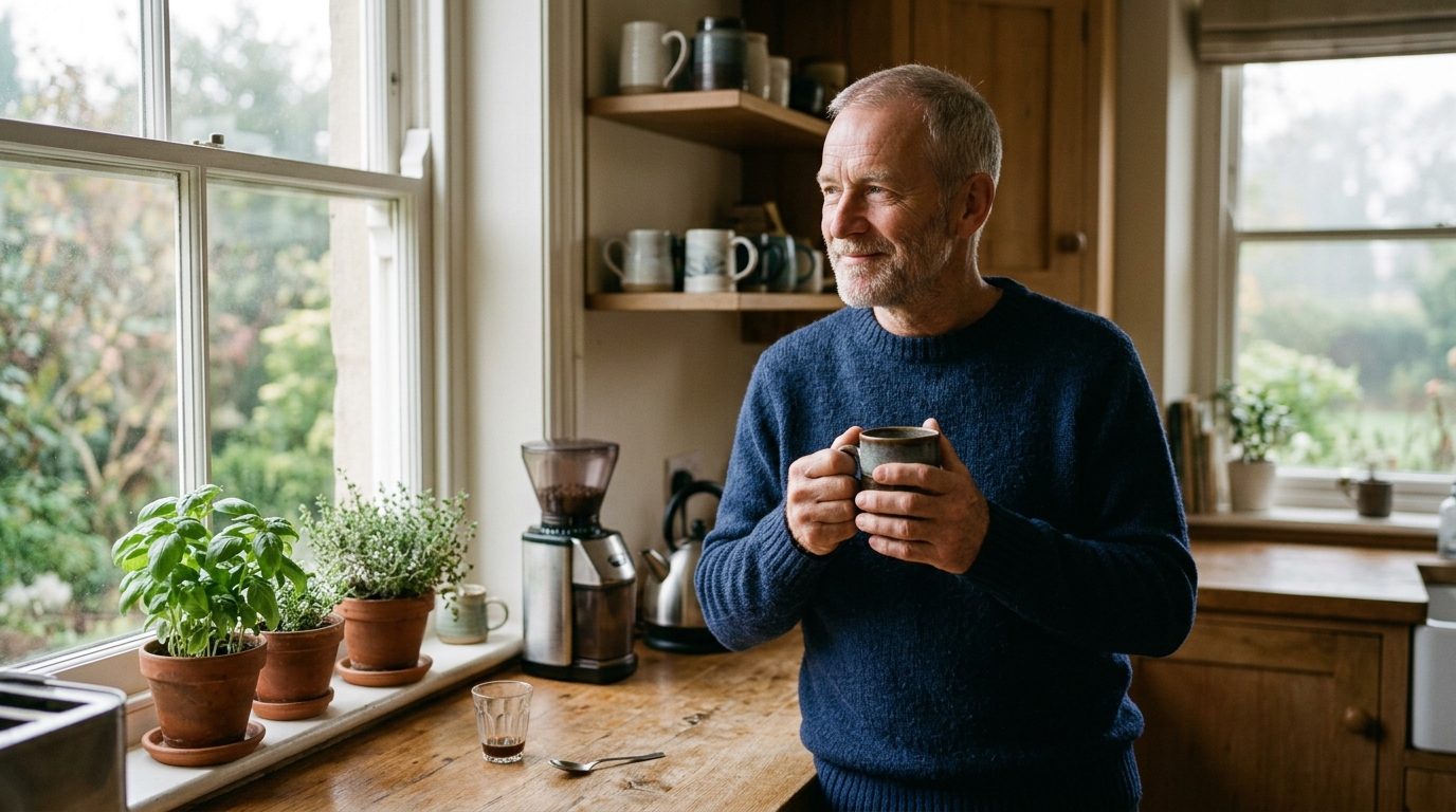 peaceful man enjoying mindful morning routine