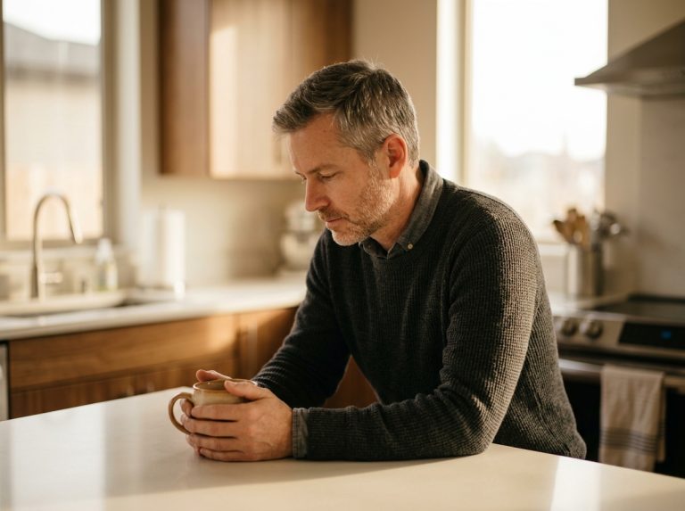man contemplating afternoon energy with coffee
