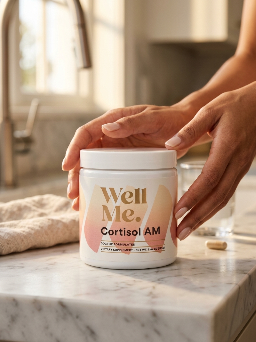 Cortisol AM supplement bottle held in gentle hands