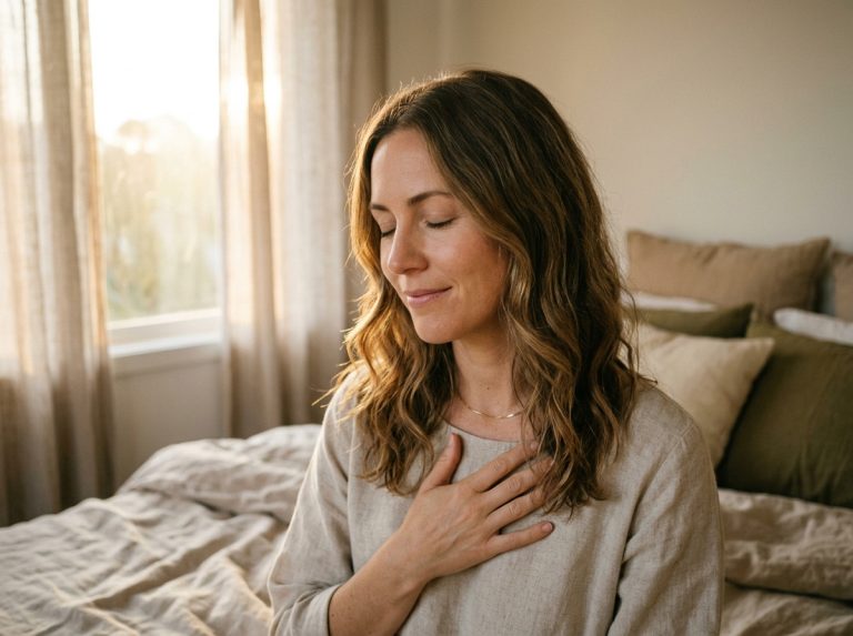 peaceful woman with hand over heart eyes closed