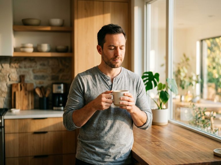 man holding coffee mug morning light
