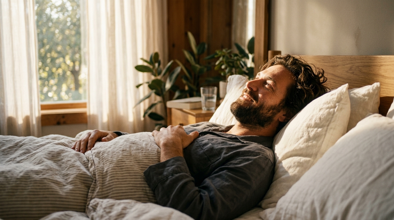 man waking up naturally morning light refreshed