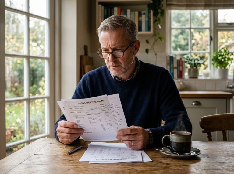 man reading medical lab results thoughtfully