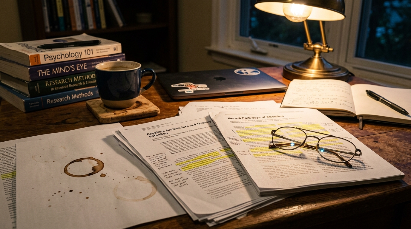 highlighted research papers on desk