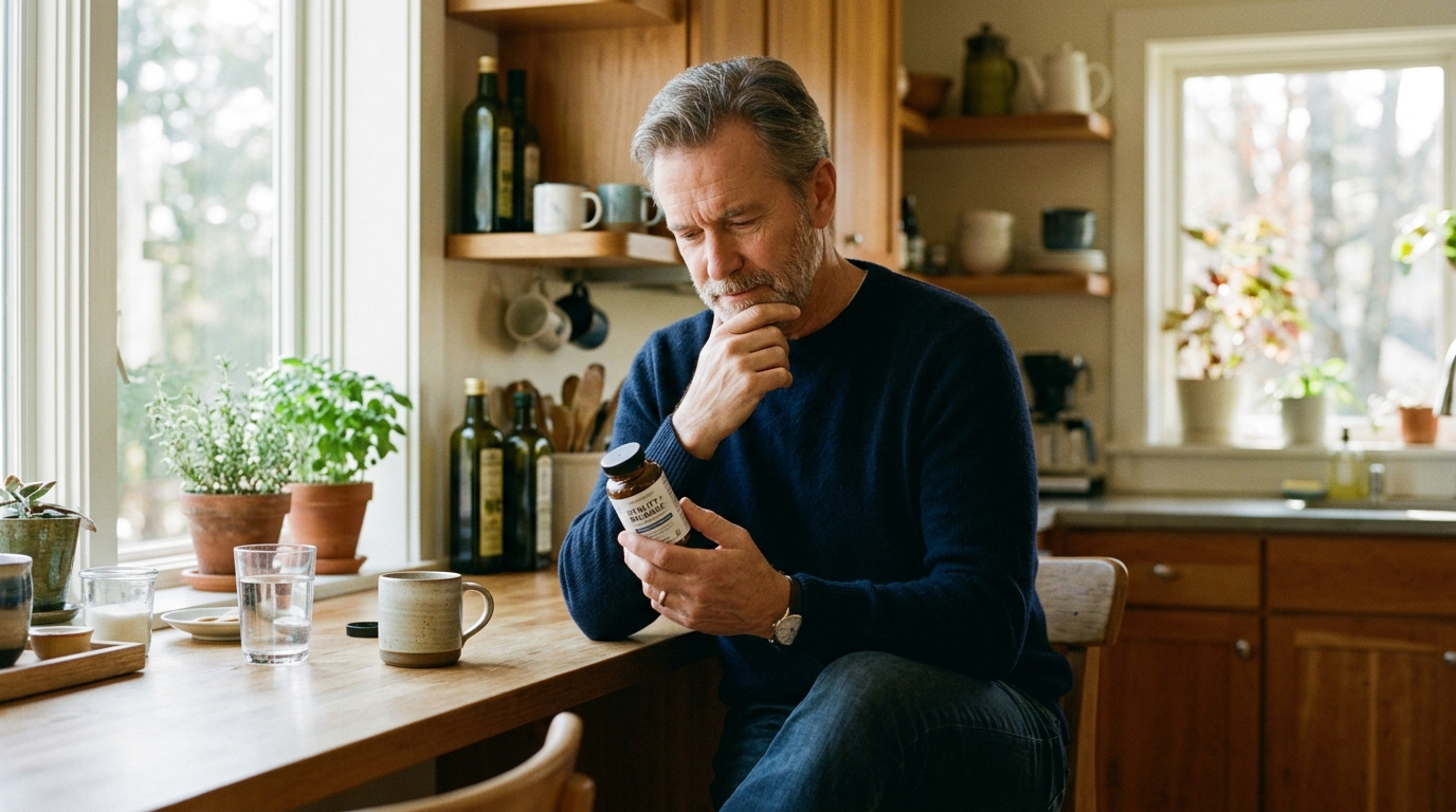 man reading supplement information thoughtfully