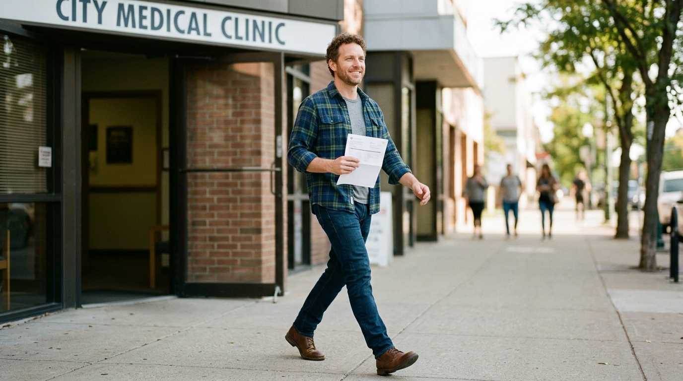 man leaving medical office with confidence
