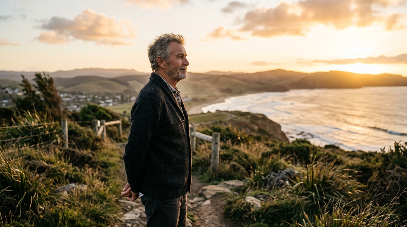 mature man contemplating future with optimism