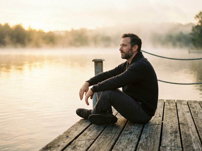 man sitting contemplatively at dock golden hour