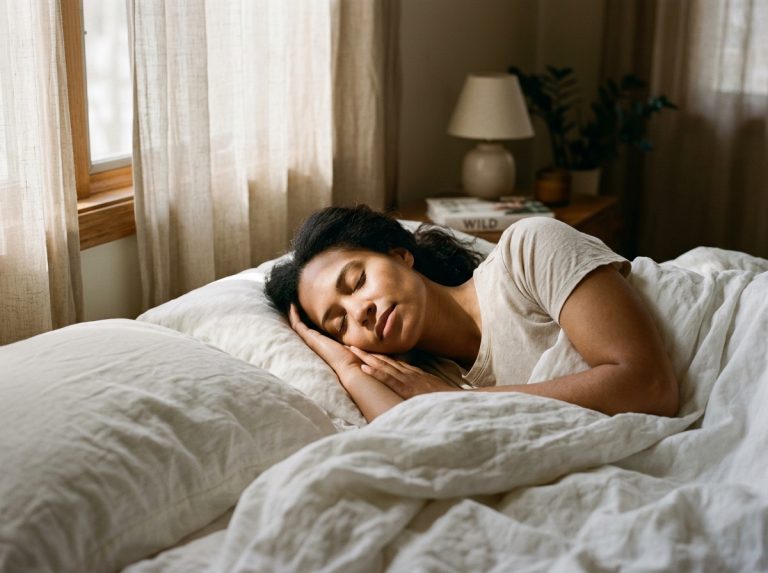 peaceful woman sleeping deeply in morning light