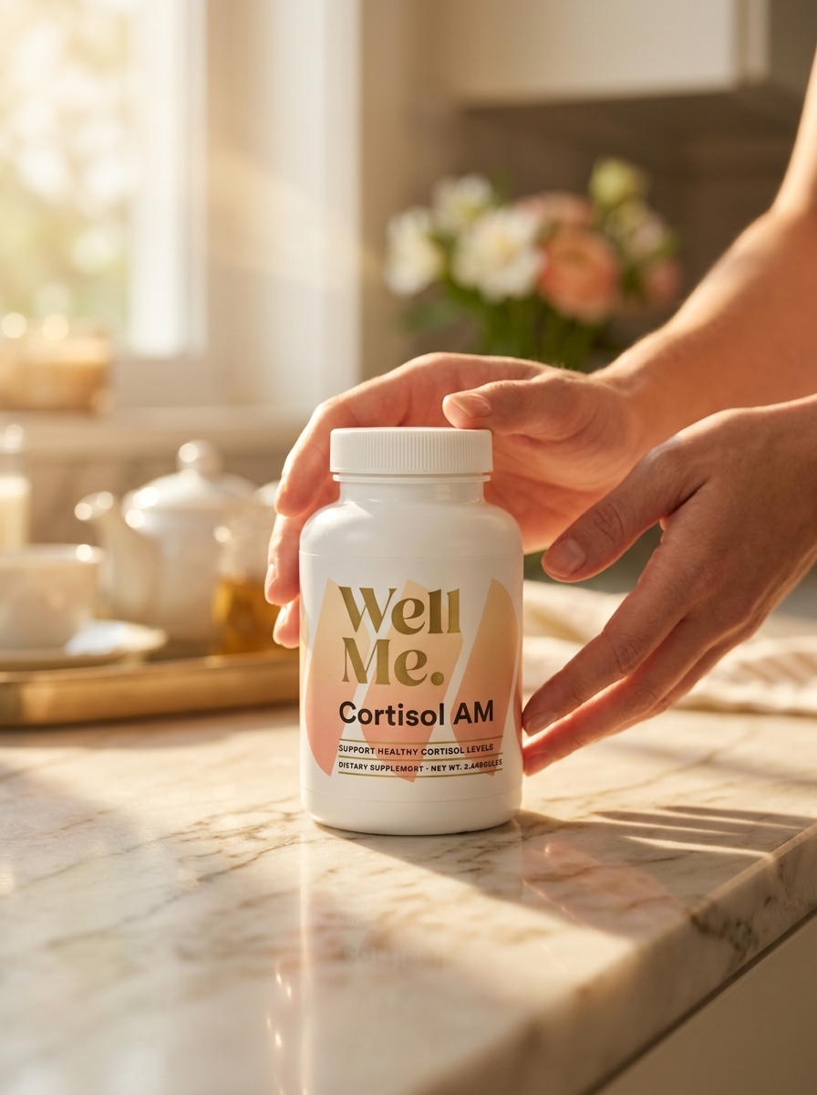 Cortisol AM supplement bottle held gently