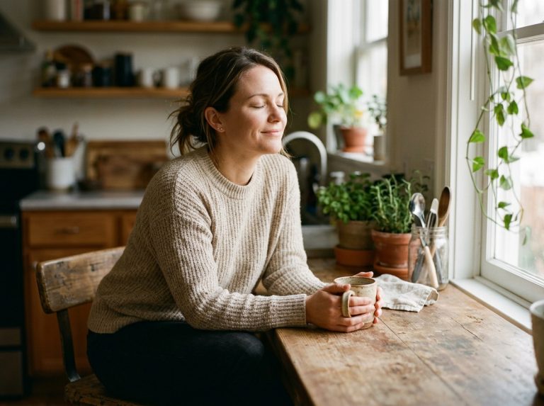 Woman finding morning calm with warm beverage