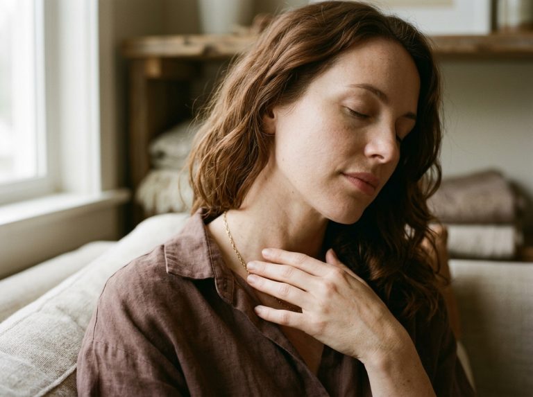 woman peaceful moment gentle breathing soft light