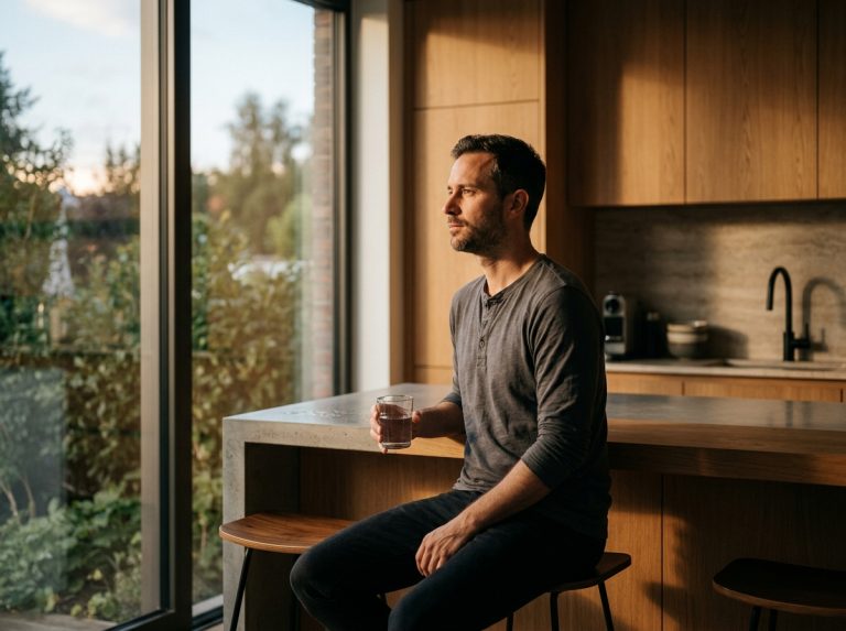 man contemplating morning routine with water glass