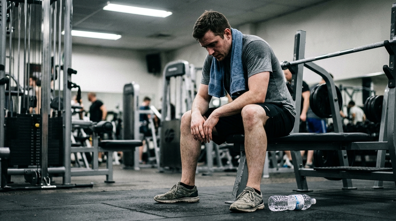 exhausted man sitting in gym looking depleted