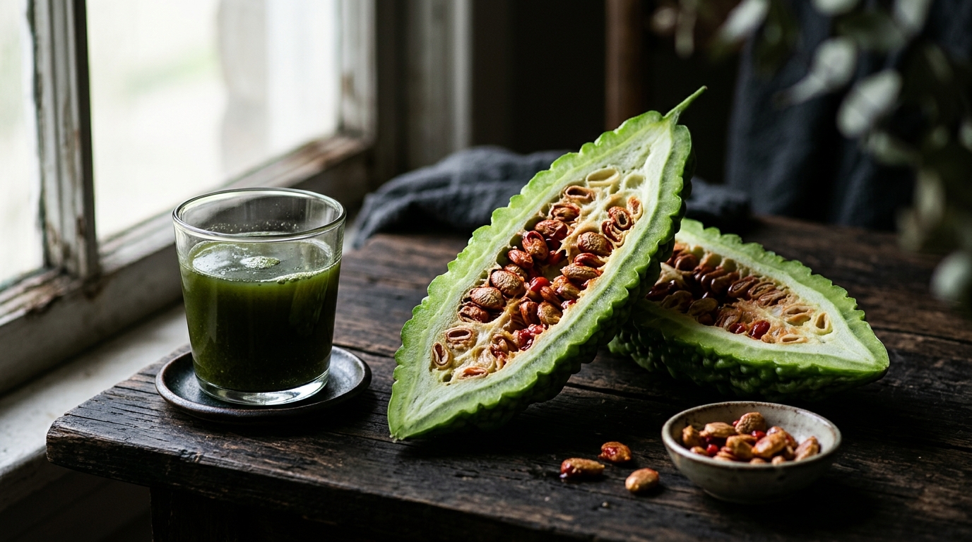 bitter melon cut revealing intricate natural patterns