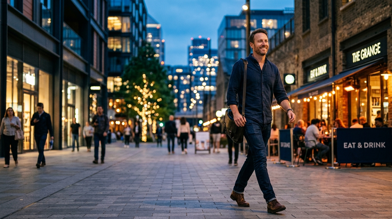 confident man walking through evening cityscape
