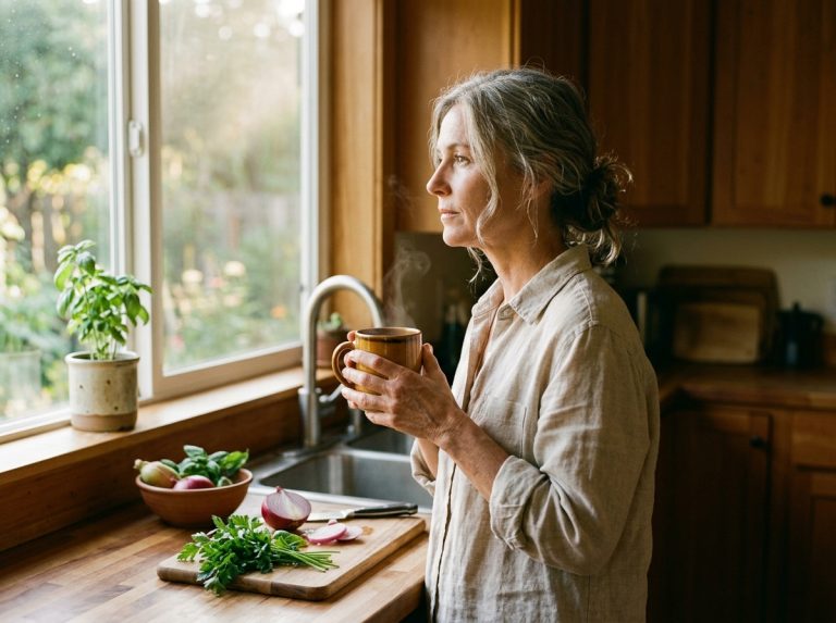 thoughtful woman morning light kitchen contemplation aging gracefully