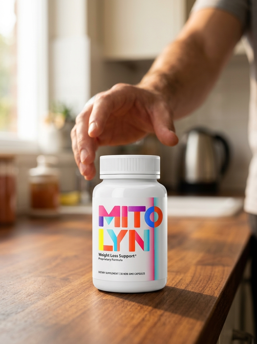Mitolyn supplement bottle with hand reaching